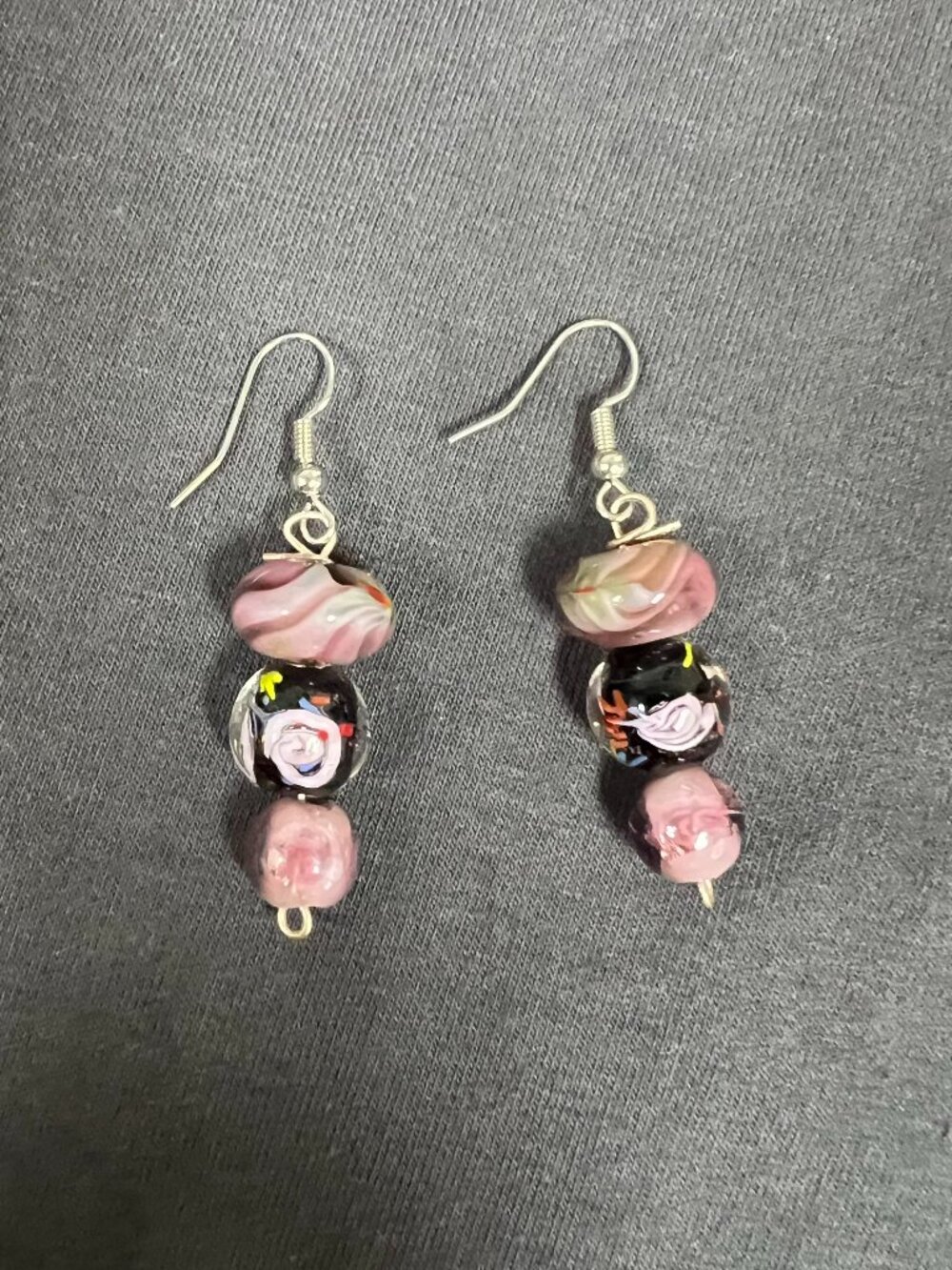 Artisan Earrings Handmade Lampwork Glass Beads Purple Lavender Pink White Black